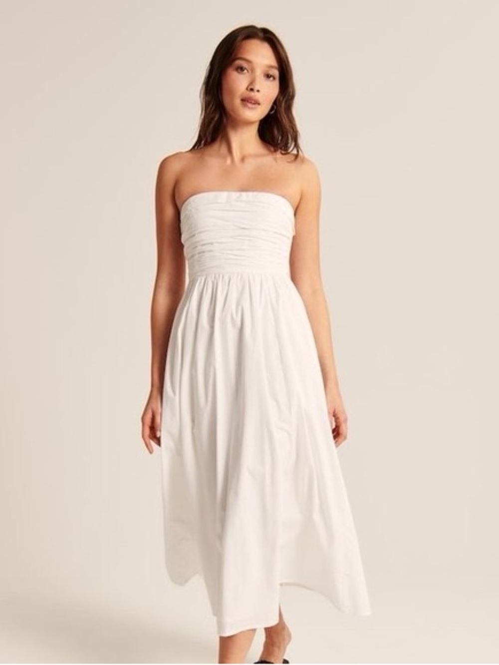 Abercrombie & Fitch White Strapless Midi Dress with Ruched Bodice